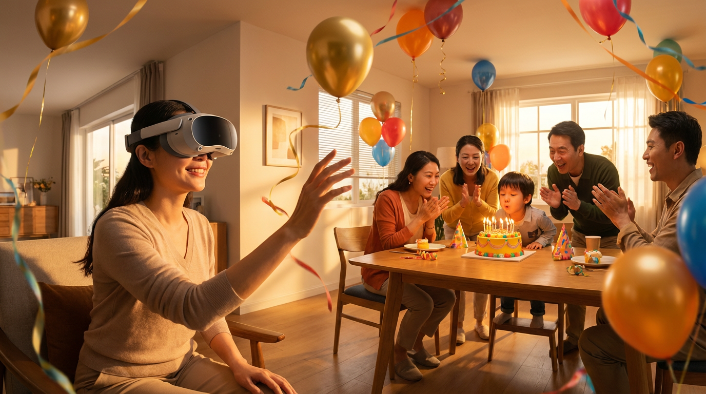 佩戴头显重新进入儿童生日派对的VR亲子影像场景概念图